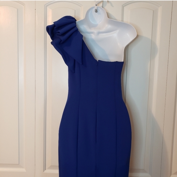 Betsy & Adam Cobalt Blue One-Shoulder Ruffled Scuba Gown Dress size 4 - Picture 6 of 16
